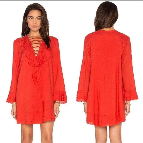 IRO Florine Poppy Red Tie Up Front Raw Hem Mini Dress - Picture 1 of 6